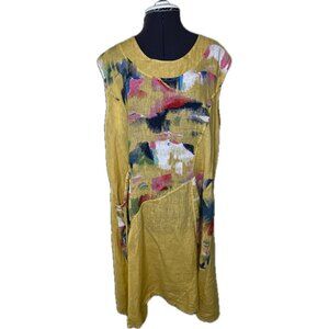 Transparente Italy Linen Artsy Dress Pockets Yellow Midi Size 1 XL